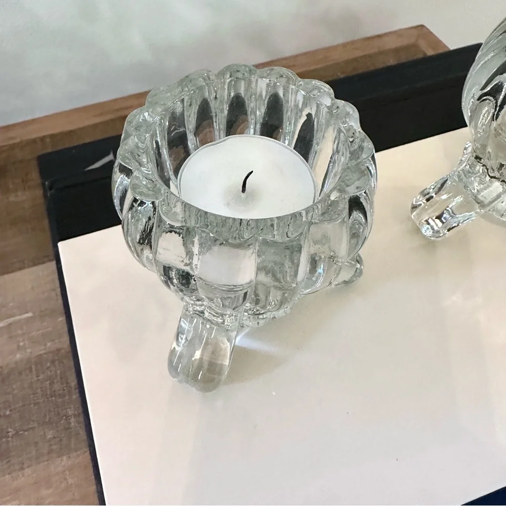 Lot Of 2 Vintage Clear Glass Footed Pillar Tea Light Candle / Air Plant Holders